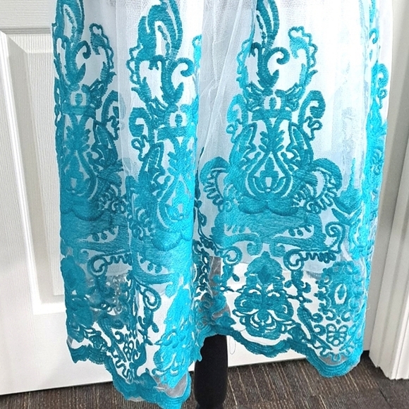 Formal Elegant Teal White Embroidered Tulla Lace Festive Mid Length Dress. - Picture 4 of 9